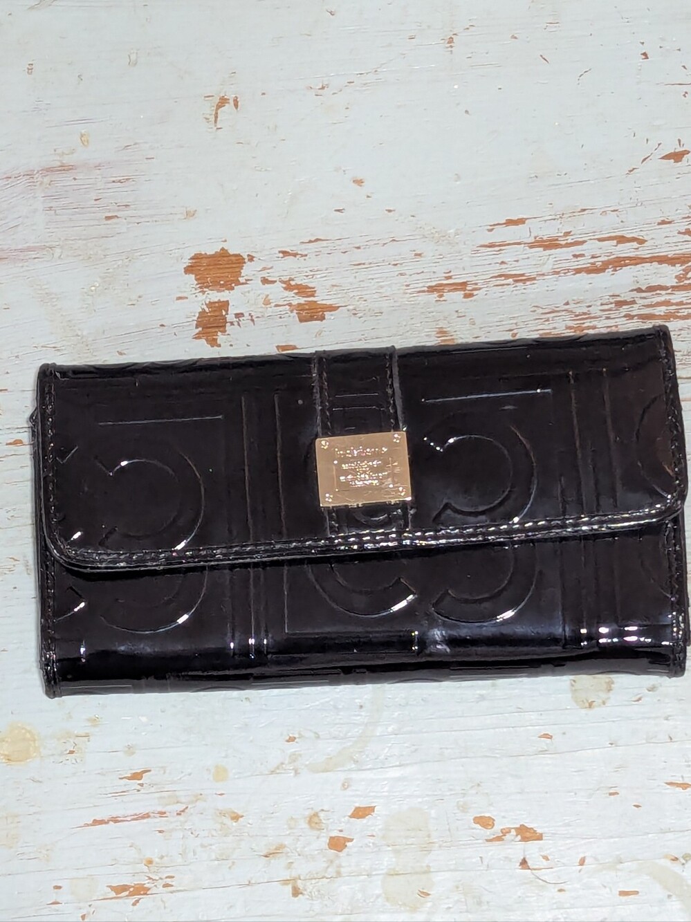 Liz Claiborne Black Patent Leather Wallet with Gold Plaque
